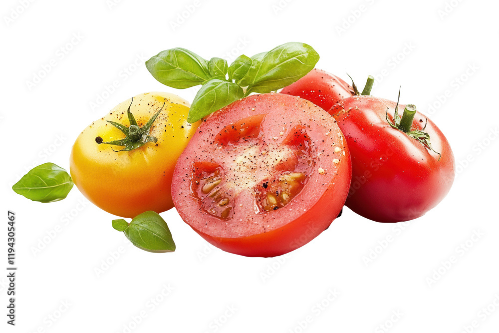 Fresh tomatoes, basil, peppercorns, white background, food photography Fresh tomatoes, basil, peppercorns, white background, food photography