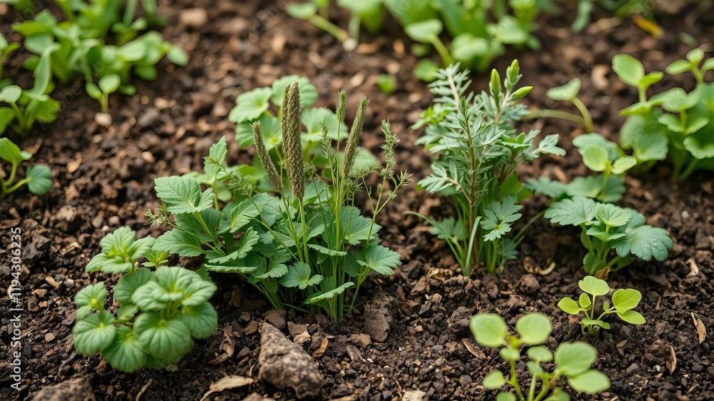 Vibrant intercropping of herbs and vegetables in permaculture garden, natural, balance Vibrant intercropping of herbs and vegetables in permaculture garden, natural, balance