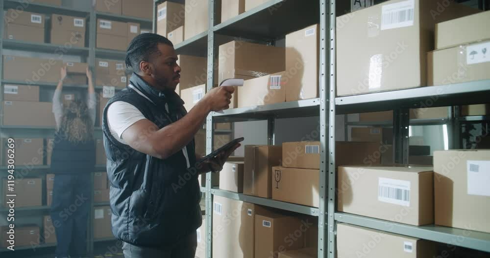 African American Inventory Specialist Walks in Warehouse Retail Facility, Scans Parcels with E-Commerce Online Orders, Checks Delivery Information on Tablet Computer. Sorting Center of Postal Service.