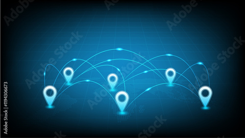 Global technology with dotted world map, Pin point the location of the destination and  curve line to transfer data or sending goods to different country , glow vector design for your website 