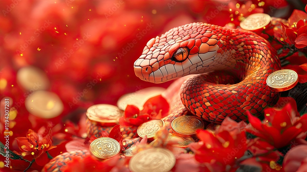 Elegant prosperity banner featuring a stylized snake surrounded by golden coins and red envelopes on a rich red background, embodying prosperity and joy. Elegant prosperity banner featuring a stylized snake surrounded by golden coins and red envelopes on a rich red background, embodying prosperity and joy.