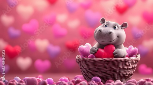 A cute hippo holds a heart in a woven basket surrounded by colorful hearts, creating a whimsical, love-themed scene.