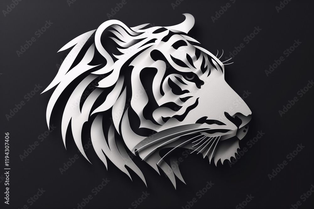 Fototapeta Paper Cut Tiger Head Profile Monochrome Animal Art Black Background