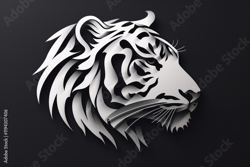 Cuadro en lienzo Paper Cut Tiger Head Profile Monochrome Animal Art Black Background