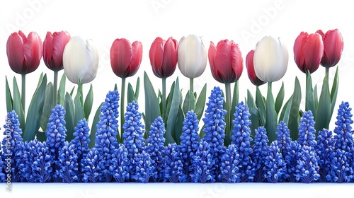 Red, white, and blue tulips and grape hyacinths border.