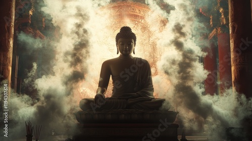 Wallpaper Mural Serene Buddha Statue in Temple Enveloped by Mystic Smoke Torontodigital.ca