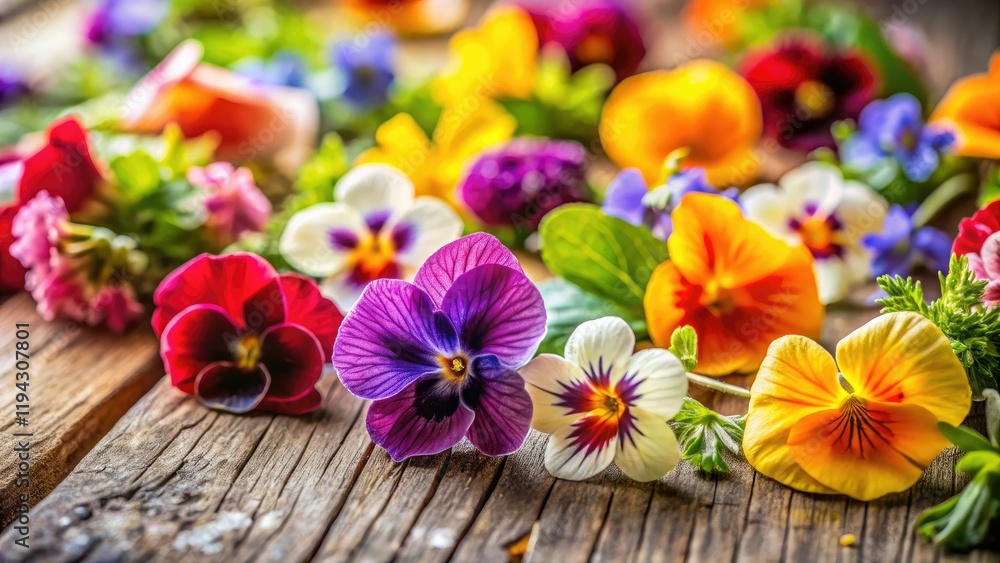 Rustic wood backdrop showcases vibrant edible flowers, perfect for stunning food photography. Rustic wood backdrop showcases vibrant edible flowers, perfect for stunning food photography.