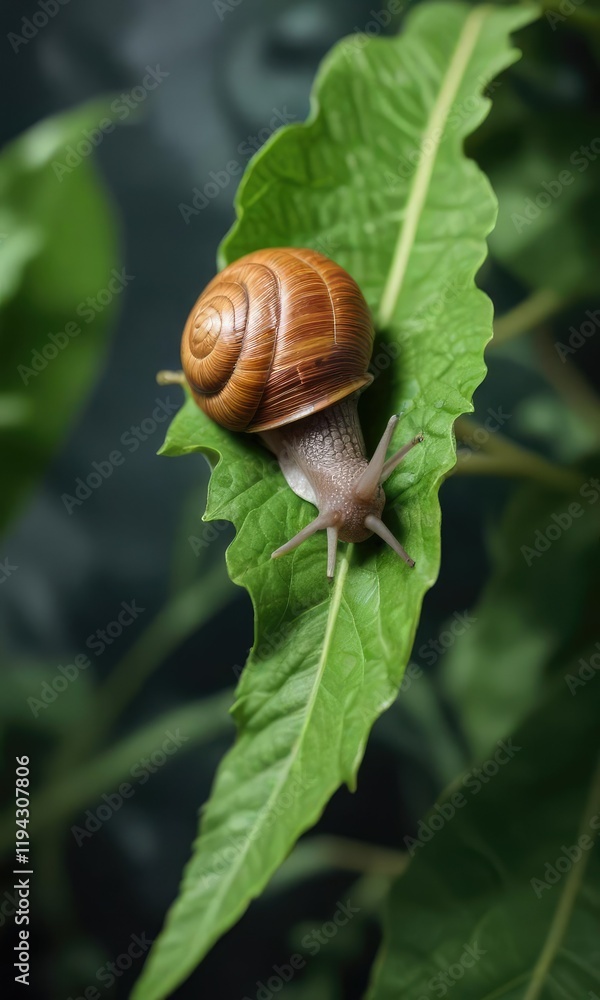 A snail slowly crawling on a fresh green leaf, vegetation, snail, leaf