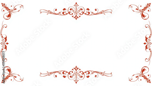 AI generative. Elements of ornate vintage frames. Border red swirls motifs on white background. Design for wedding invitations, greeting cards, royal certificates., food menu. 113