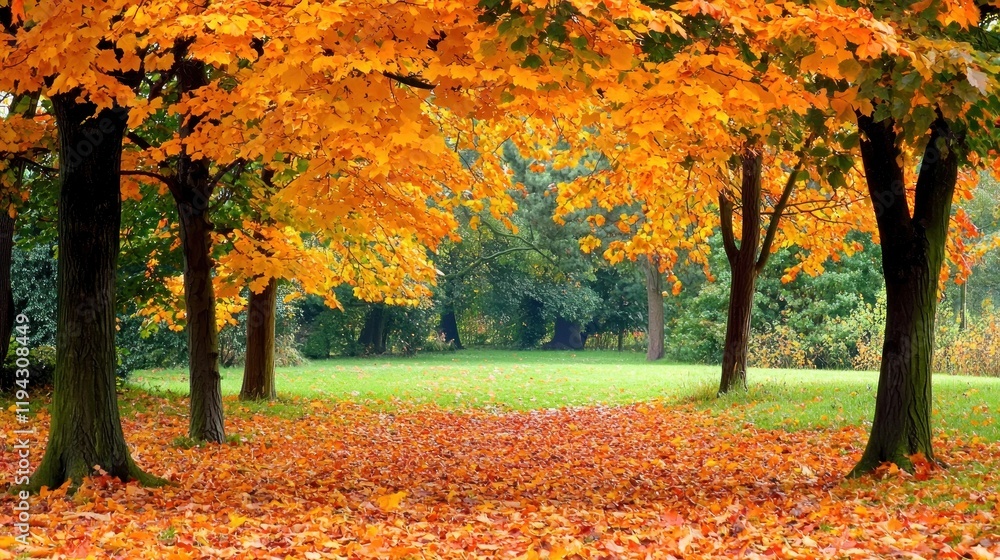 Autumnal Park Landscape: Golden Leaves and Trees Autumnal Park Landscape: Golden Leaves and Trees