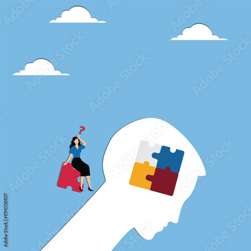 Looking for jigsaw puzzles to complete ideas or creativity, looking for successful ideas, looking for solutions to problems, businesswomen looking suspiciously at mutilated brains and jigsaw puzzles