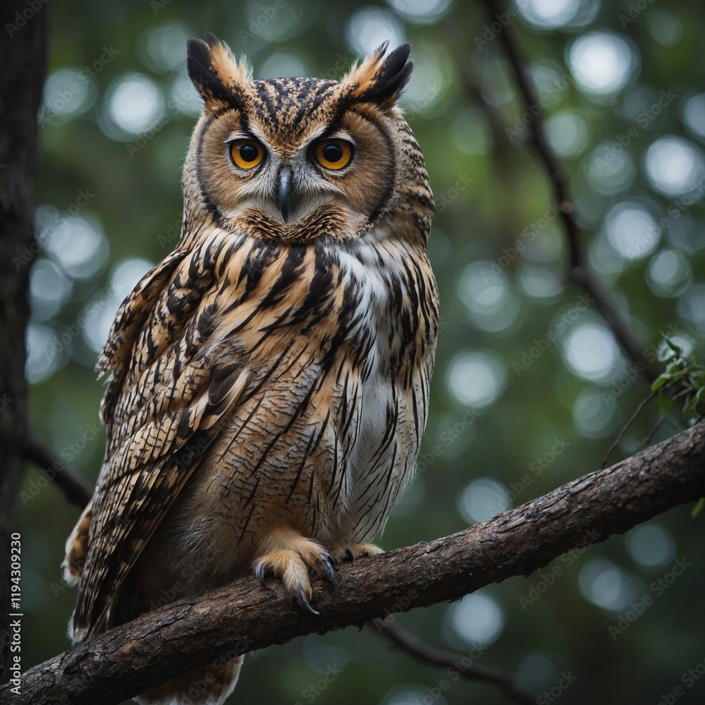 Fototapeta premium Focus on an owl staring intensely from a branch.