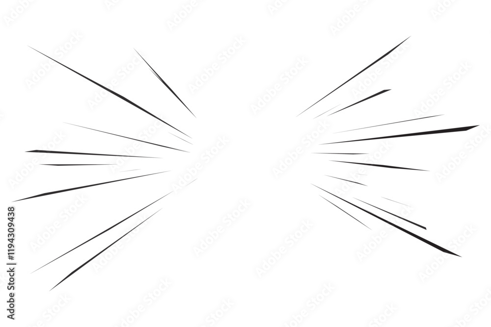 Speed lines manga effect. Comic motion element. Radial burst and flash perspective lines. Boom graphic of explosion. Abstract roar force and scream with sparks. Superhero power