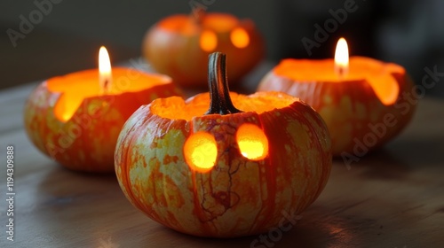 Spooky candlelit halloween pumpkins display with glowing jack-o'-lanterns on dark rustic background, perfect for seasonal decorations and festive celebrations


 photo