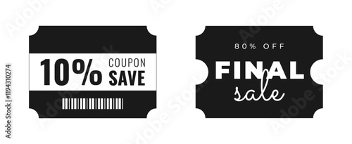 Set of discount, promotion coupon templates for special offer with sale text. Concept voucher for announcement, advertising. Black, white colors. Vector illustration isolated on transparent background