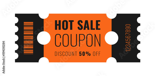 Discount, promotion coupon template for special offer with sale text. Concept voucher for announcement, advertising. Black, orange colors. Vector illustration isolated on transparent background