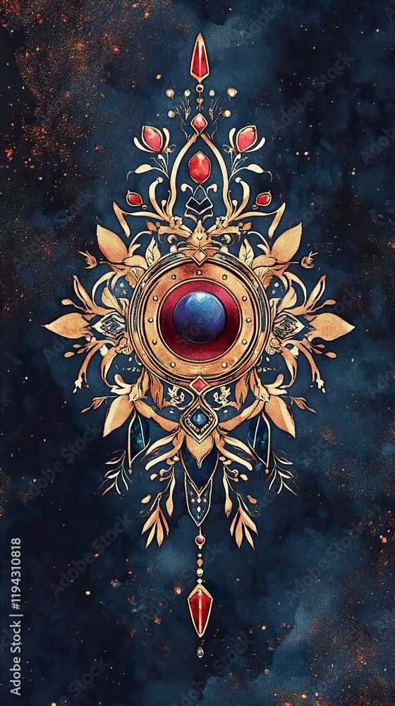 Fototapeta premium Cosmic Ornament: Gold, Jewel, and Watercolor Design
