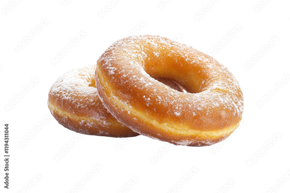 Two powdered donuts studio shot, white background Two powdered donuts studio shot, white background