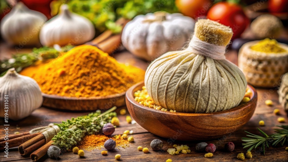 Aromatic Herbs and Spices Arranged on Wooden Surface for Culinary Use Aromatic Herbs and Spices Arranged on Wooden Surface for Culinary Use