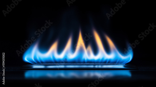 Blue Gas Flame: Intense blue and orange gas flames burn brightly against a stark black background, creating a dramatic and captivating image with a reflective surface mirroring the vibrant energy.  photo