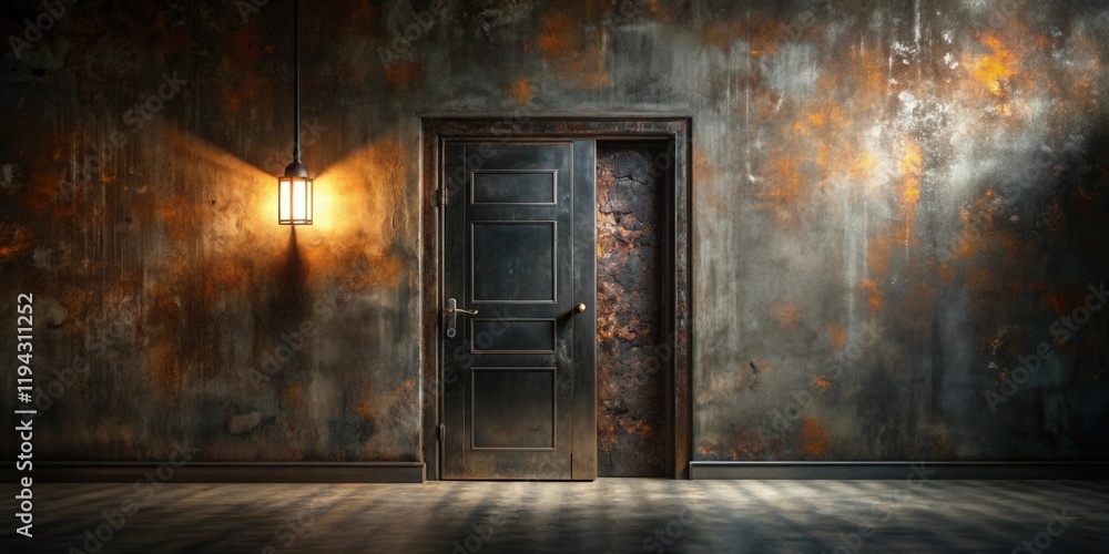 A dimly lit interior scene featuring an aged metal door partially ajar against a textured, dark wall with warm orange accents, illuminated by a single hanging lantern. A dimly lit interior scene featuring an aged metal door partially ajar against a textured, dark wall with warm orange accents, illuminated by a single hanging lantern.