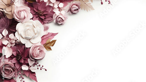 Blue peach and white flowers on taupe background with diffused sunlight Photorealistic of a cute flower corner frame on white background with roses


