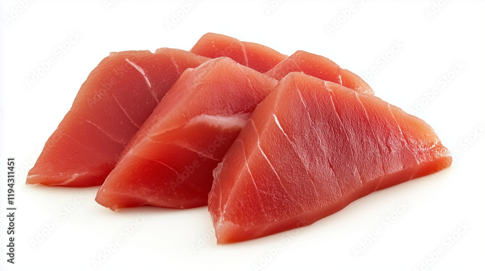 Fresh Tuna Steaks: Four succulent pieces of tuna steak, showcasing their rich red hue and glistening texture, are artfully arranged for a culinary image. Perfect for restaurant menus or cooking blogs. Fresh Tuna Steaks: Four succulent pieces of tuna steak, showcasing their rich red hue and glistening texture, are artfully arranged for a culinary image. Perfect for restaurant menus or cooking blogs.