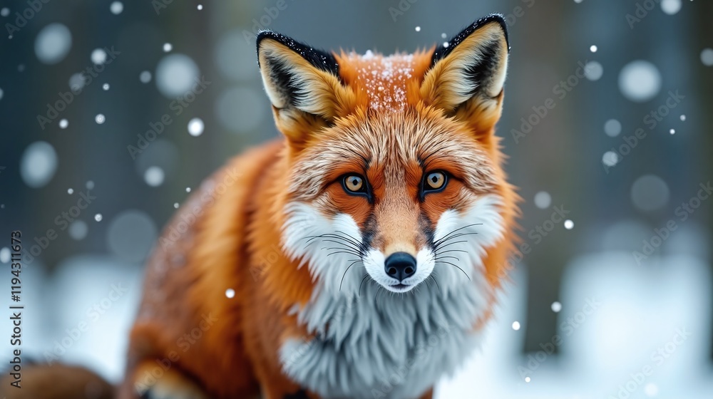 Obraz premium Red fox portrait winter scene snowflakes falling close