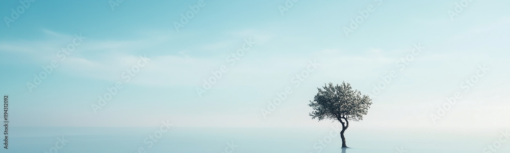 Obraz premium Solitary Tree in a Vast Sky: A single tree stands tall against a backdrop of a vast blue sky, evoking a sense of solitude and serenity. Its branches reach up towards the heavens.