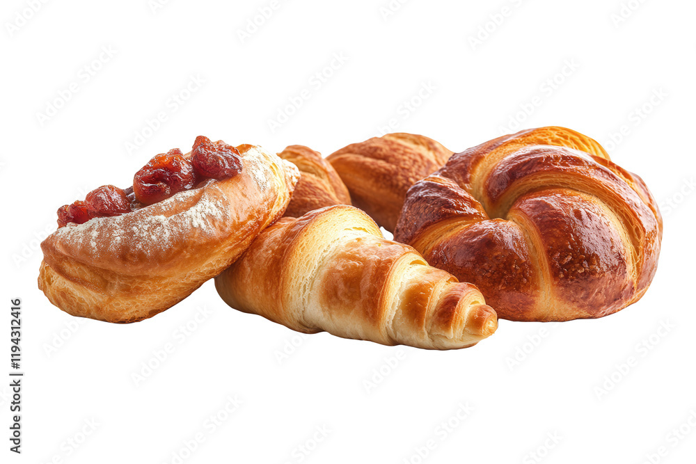 Studio shot pastries, croissants, jam, white background, bakery Studio shot pastries, croissants, jam, white background, bakery