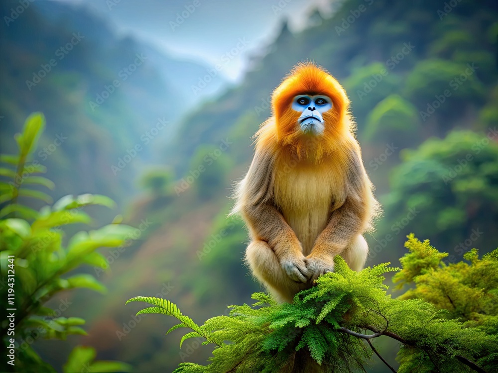 Obraz premium Tilt-shift artistry reveals China's endangered golden snub-nosed monkeys within the majestic Qinling Mountains.
