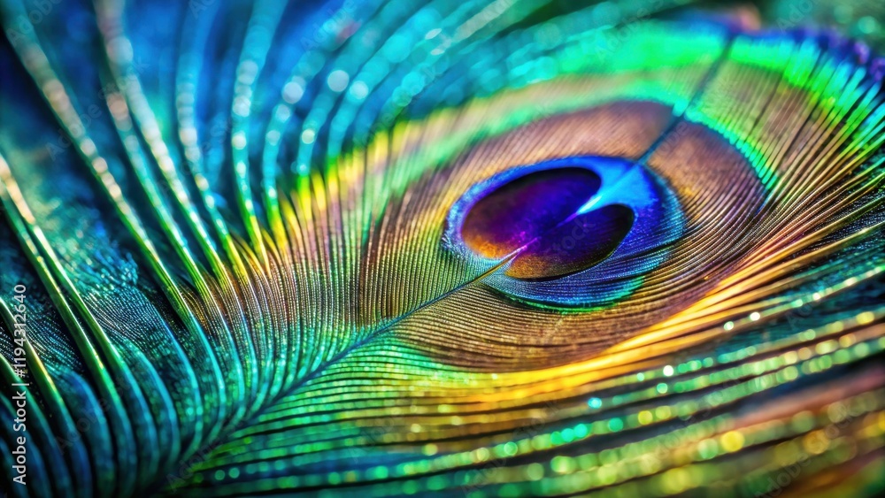 Obraz premium Close-up view of a vibrant iridescent feather, showcasing intricate details and a spectrum of colors