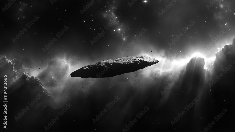 Cosmic Enigma: A solitary asteroid, its shape an elongated enigma, drifted amidst a stellar sea of distant nebulae in a dramatic, monochromatic snapshot. Cosmic Enigma: A solitary asteroid, its shape an elongated enigma, drifted amidst a stellar sea of distant nebulae in a dramatic, monochromatic snapshot.