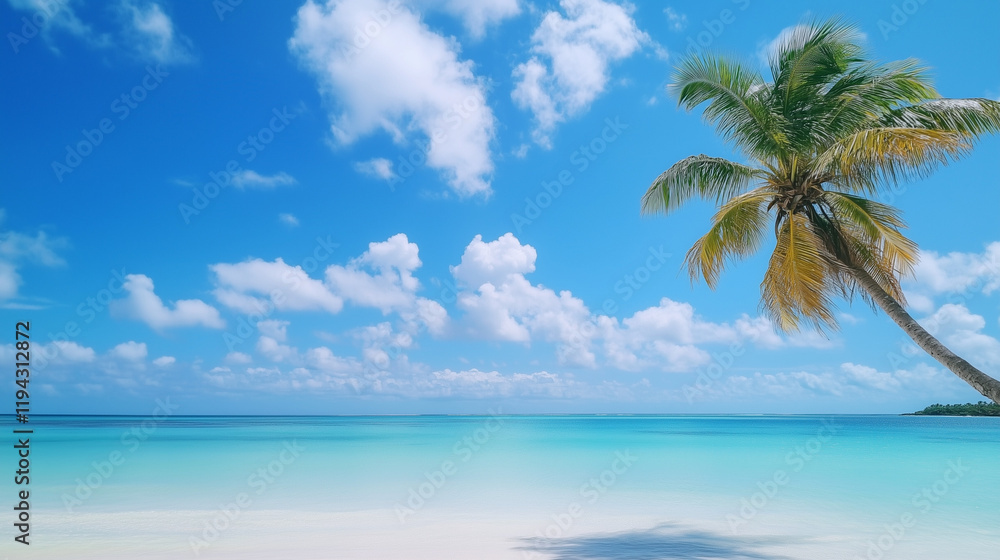 Palm Tree Paradise: A solitary palm tree sways gently in the tropical breeze, casting a long shadow on the pristine white sand of a secluded beach. Turquoise waters lap at the shore. Palm Tree Paradise: A solitary palm tree sways gently in the tropical breeze, casting a long shadow on the pristine white sand of a secluded beach. Turquoise waters lap at the shore.