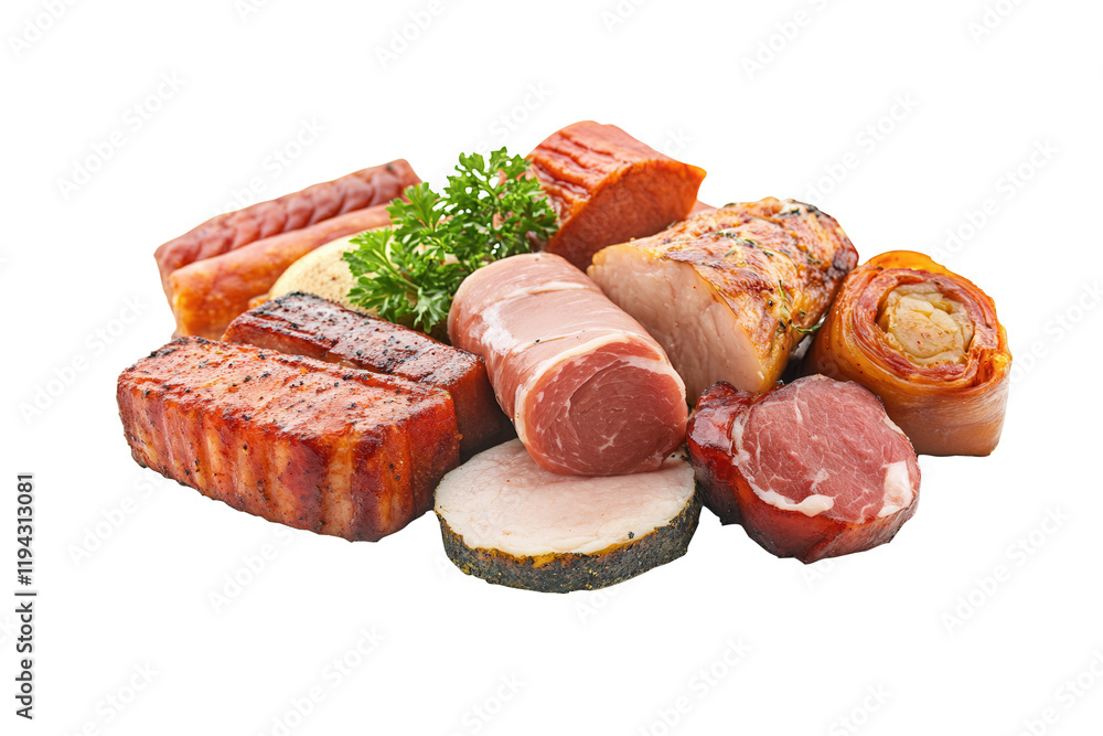 Smoked meats assortment, studio shot, white background, food packaging Smoked meats assortment, studio shot, white background, food packaging