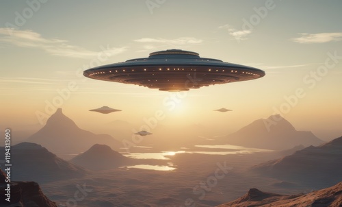 Futuristic UFOs hovering at sunset photo