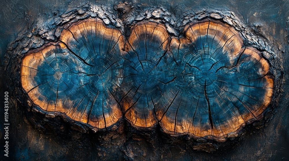 Fototapeta premium Blue-stained wood cross-section, tree rings, textured background, nature detail