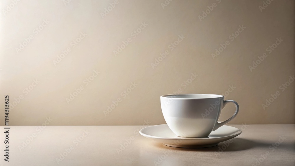 A Simple White Teacup on a Saucer Rests on a Neutral-Toned Surface A Simple White Teacup on a Saucer Rests on a Neutral-Toned Surface