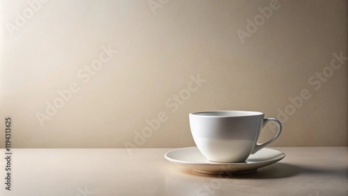 A Simple White Teacup on a Saucer Rests on a Neutral-Toned Surface