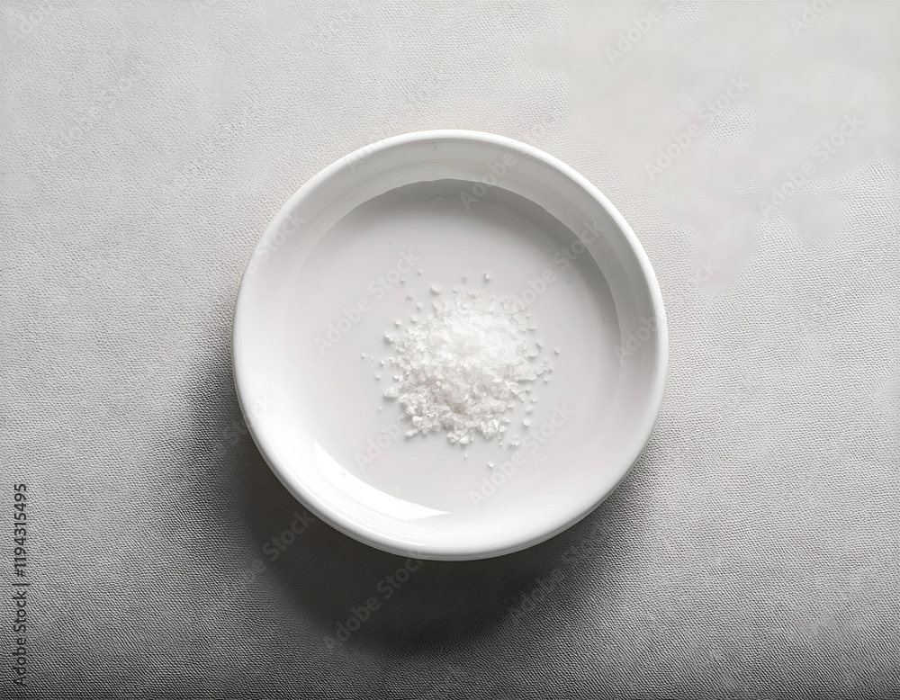 A clean, minimal shot of a small white dish with a few grains of salt A clean, minimal shot of a small white dish with a few grains of salt