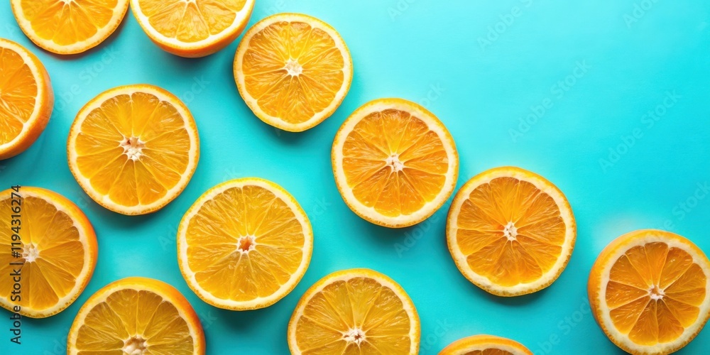 Obraz premium Vibrant citrus fruit slices arranged on a bright blue background, creating a refreshing and appetizing visual display