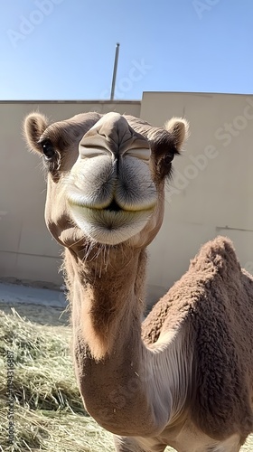 28. A camel eating hay, standing in front of a white background with a desert vibe photo