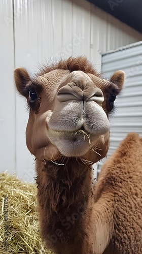 28. A camel eating hay, standing in front of a white background with a desert vibe photo