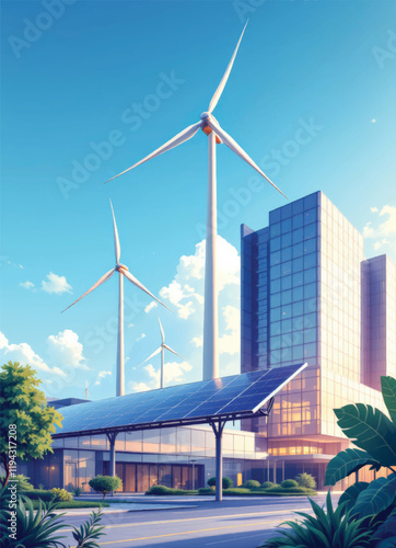 wind turbines and solar panels in front of modern office buildings with plants and blue cloudy sky