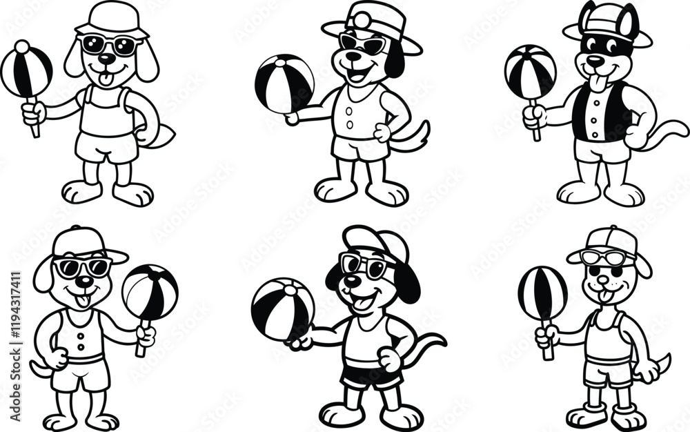 A cheerful cartoon puppy with ball vector illustration set, a cheerful puppy with ball silhouette vector art, a cheerful puppy with ball line art vector A cheerful cartoon puppy with ball vector illustration set, a cheerful puppy with ball silhouette vector art, a cheerful puppy with ball line art vector