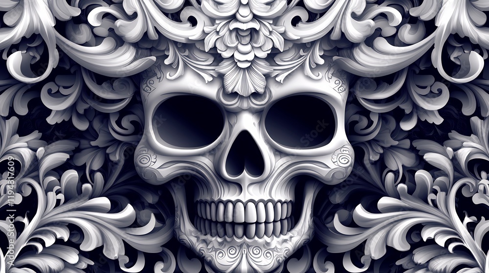 Ornate Sugar Skull in Baroque Floral Frame: A Darkly Elegant Design Ornate Sugar Skull in Baroque Floral Frame: A Darkly Elegant Design