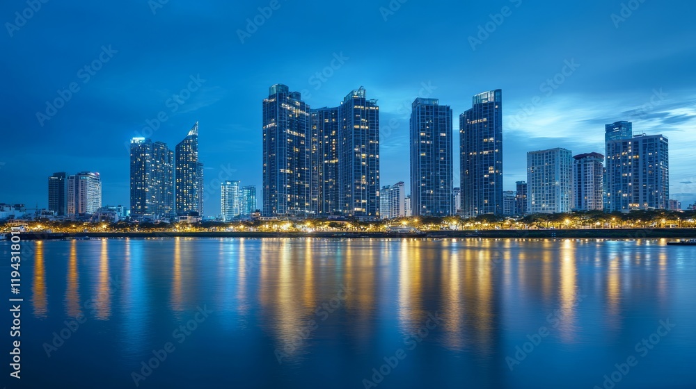 City skyline twilight reflection, waterfront buildings City skyline twilight reflection, waterfront buildings