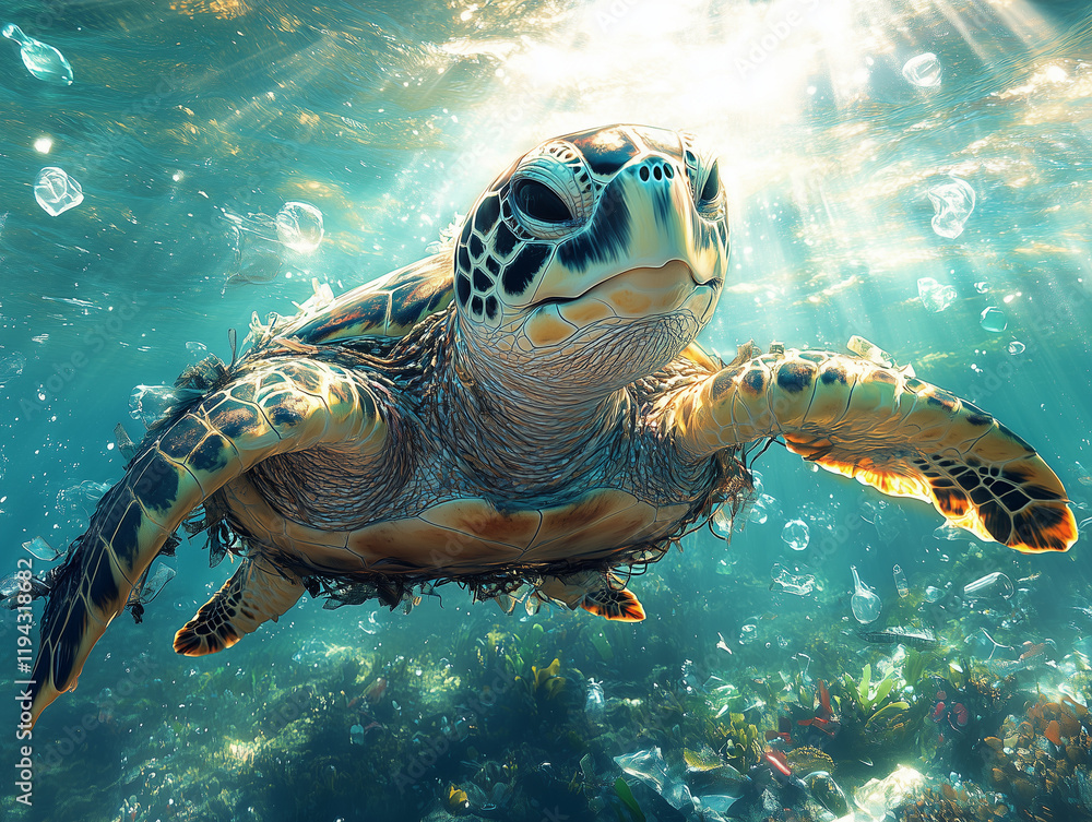 Obraz premium Sea Turtle Struggling with Plastic Debris Underwater – A Heartbreaking Reality of Marine Pollution