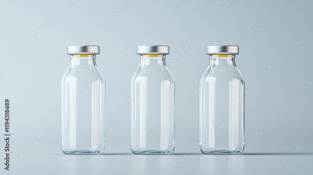 Trio of empty glass bottles with silver caps on a minimal backdrop Trio of empty glass bottles with silver caps on a minimal backdrop