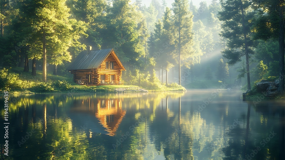 Obraz premium A charming log cabin by a tranquil lake, surrounded by vibrant greenery, the clear water reflecting the cabin and forest perfectly, soft sunlight filtering through the trees,